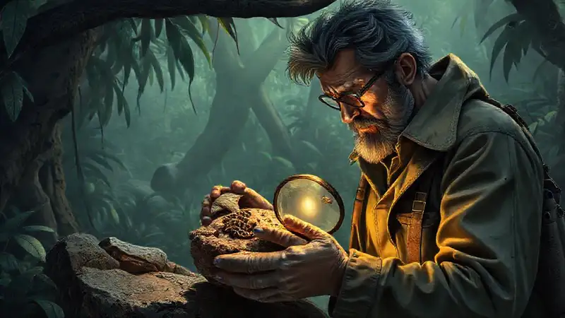 Hier ist die Antwort:Paläontologe untersucht Fossil in prähistorischem Dschungel