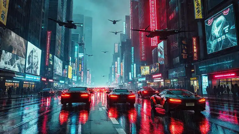 Dystopische Stadt leuchtet in Neon