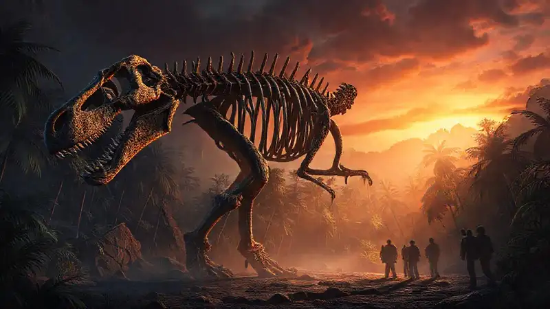 Hier ist eine mögliche Antwort:Fossil-Dinosaurier in prähistorischer Dämmerung