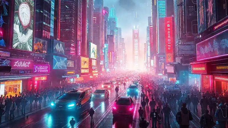 Futuristische Stadt leuchtet in Neon