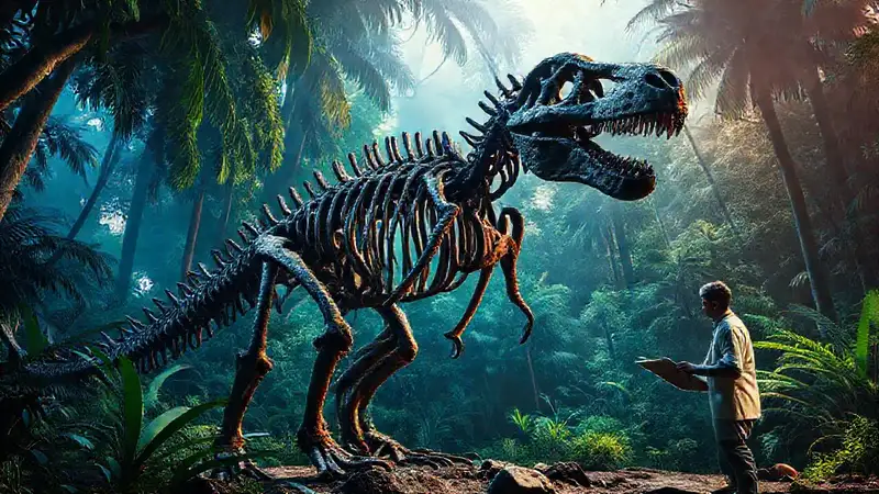 Hier ist die Antwort:Ein Dinosaurier-Skelett im dichten Dschungel