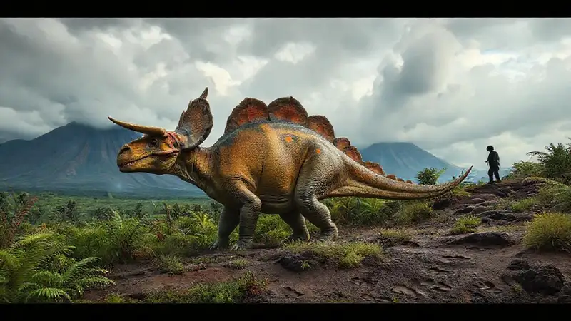 Hier ist die Antwort:Protoceratops in prähistorischer Farblandschaft