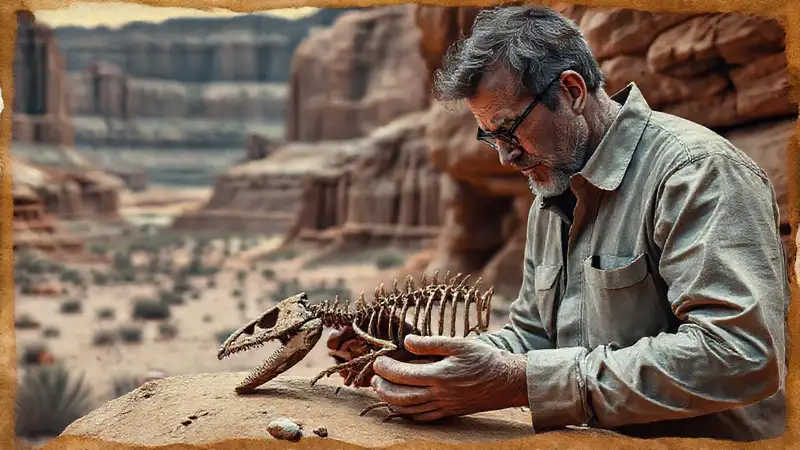 Paläontologe untersucht Fossil in der Wüste