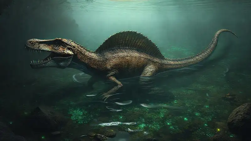Hier ist die Antwort:Spinosaurus taucht in surrealem Licht