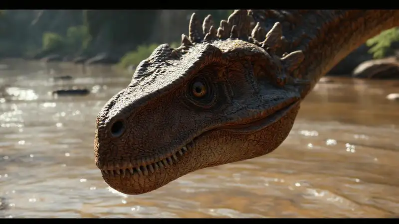 Hier ist die Antwort:Der Spinosaurus blickt aus dunklem Wasser