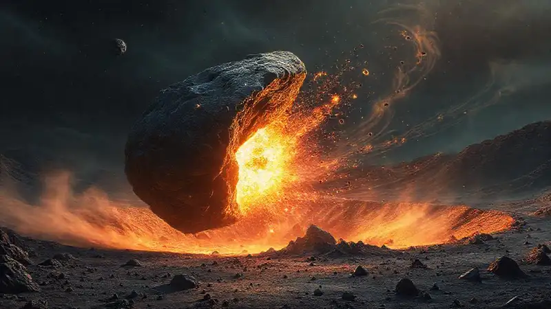 Hier ist die Antwort:Ein Meteoriteneinschlag erhellt eine öde Landschaft