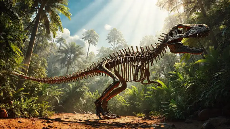 Hier ist die Antwort:Fossilisiertes Dinosaurier-Skelett in Urwald