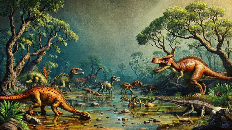 Urzeitlicher Sumpf, Dinosaurier, Fossilien, lebendig
