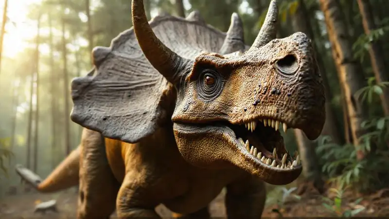Hier ist die Antwort:Ein Triceratops kämpft dramatisch im Wald