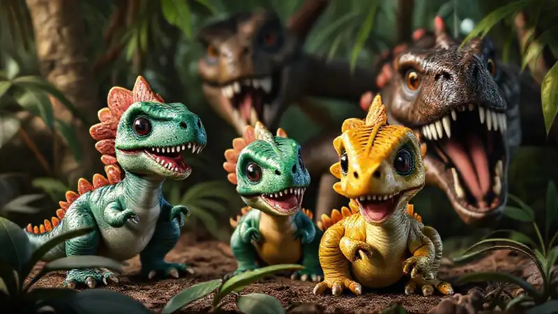 Hier ist die Antwort:Verspielte Dinosaurier im dichten Dschungel
