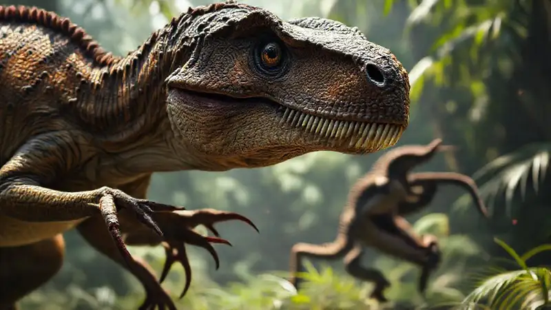 Hier ist die Antwort:Der Velociraptor jagt brutal im Dschungel