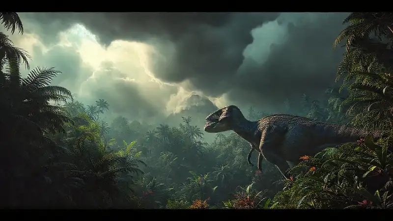 Dunkle Dschungel mit riesigen Dinosauriern