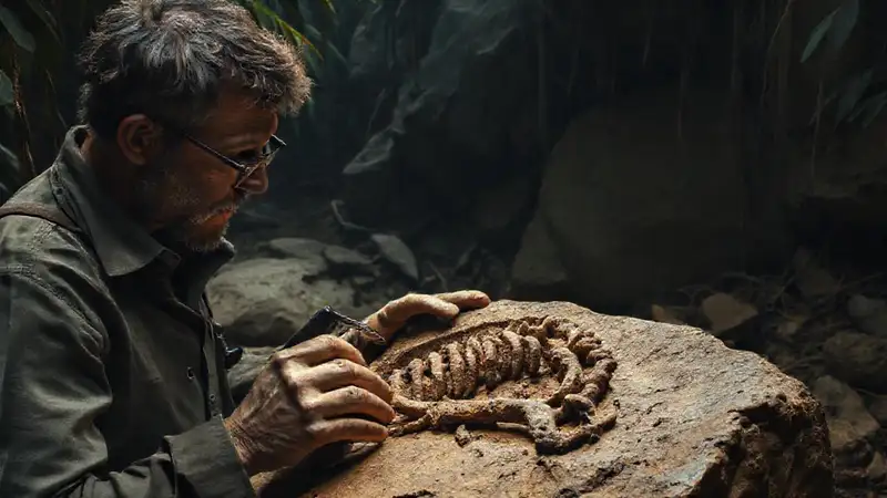 Paläontologe untersucht uralte Fossilien in Dämmerung