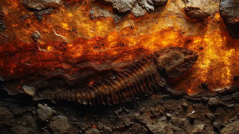 Versteinerte Funde in geologischer Dramatik