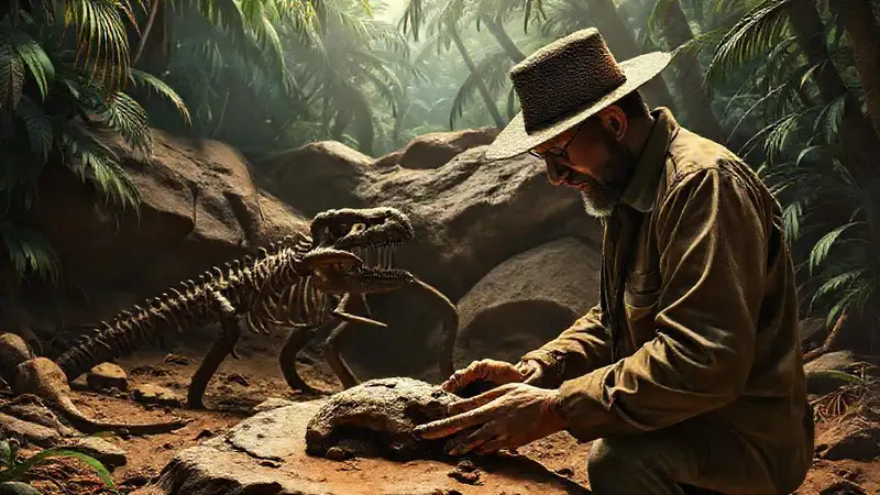 Paläontologe untersucht Dinosaurierfossilien im Dschungel