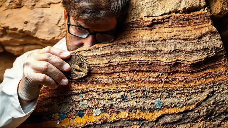 Hier ist die Antwort:Der Paläontologe untersucht ein altes Fossil