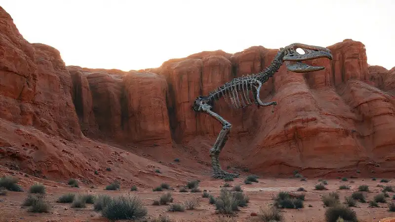 Rötliche Felsen, Dinosaurier, Giganten im Sand