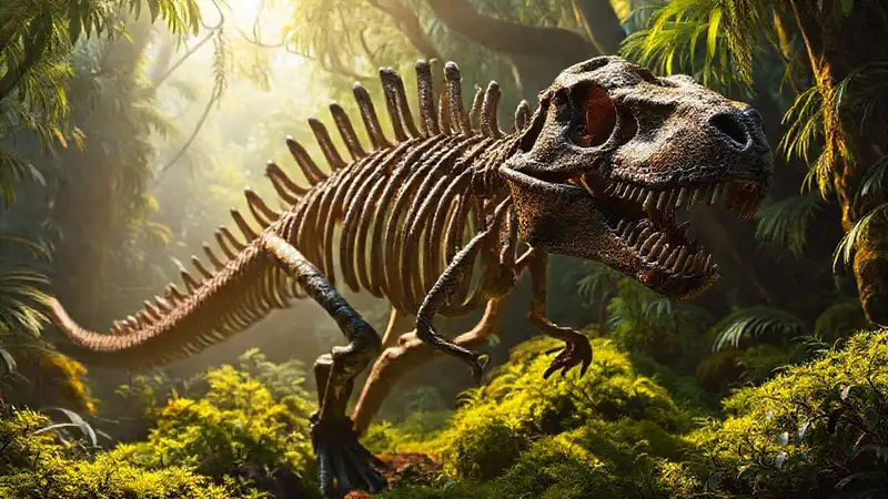 Hier ist ein Dinosaurierknochen in leuchtendem Dschungel