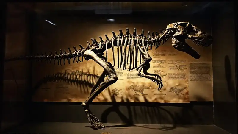 Hier ist die Antwort:Ein altes Skelett in Museum ruht