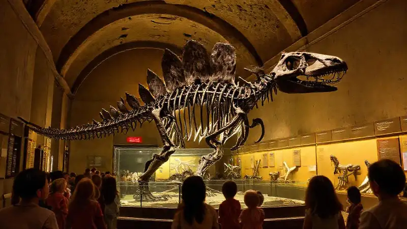 Hier ist eine Option:Der Museumssaal zeigt das Stegosaurus-Skelett
