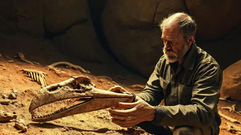Hier ist die Antwort:Paläontologe untersucht Fossil in der Vergangenheit