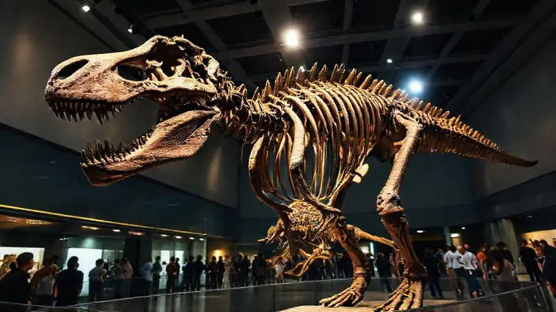 Ein Dinosaurierskelett erstrahlt im Museum