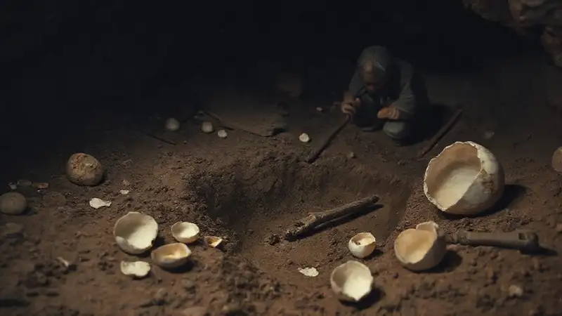 Versteinerte Eierschalen in staubiger Höhle